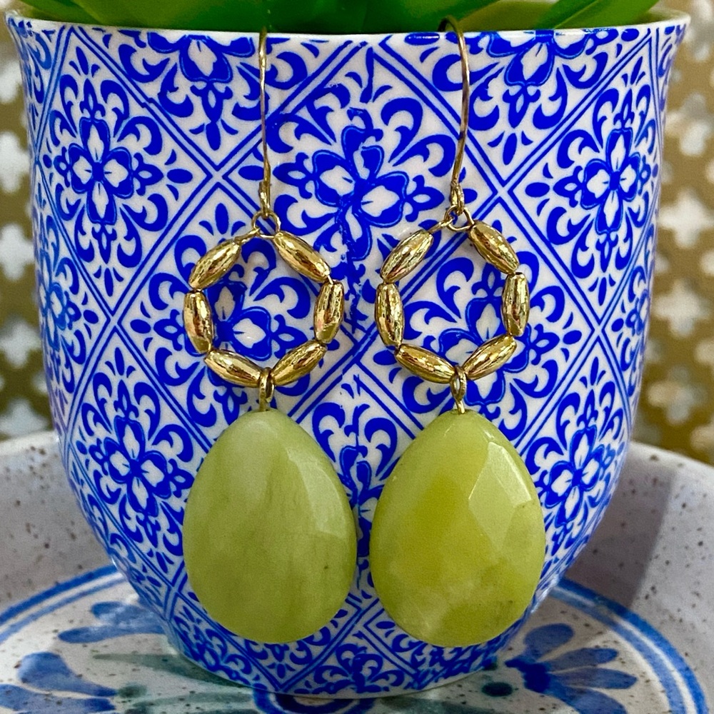 Green Stone Teardrop Earrings with Accents